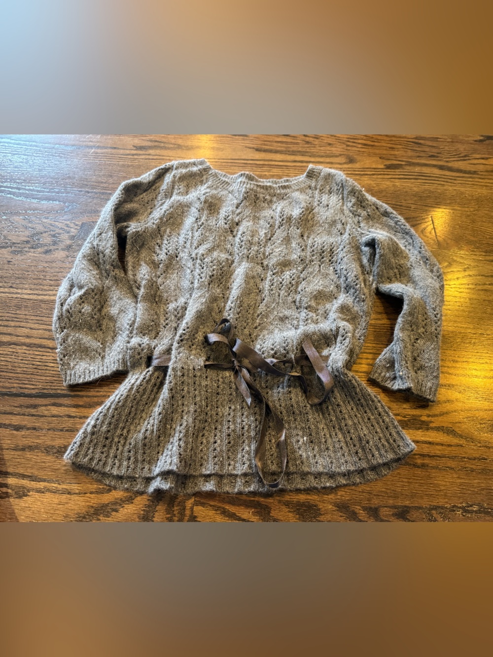 Ann Taylor Gray Knit Crewneck Sweater with Waist Tie